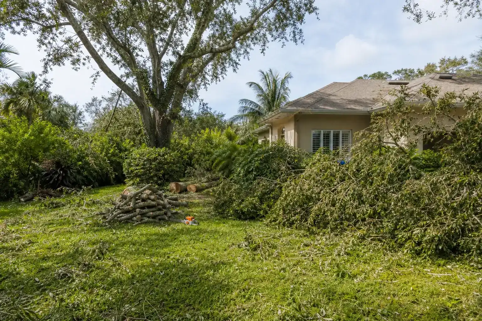 Storm-damaged branches beside a Florida home during a discussion of why is crown reduction important in new smyrna beach?