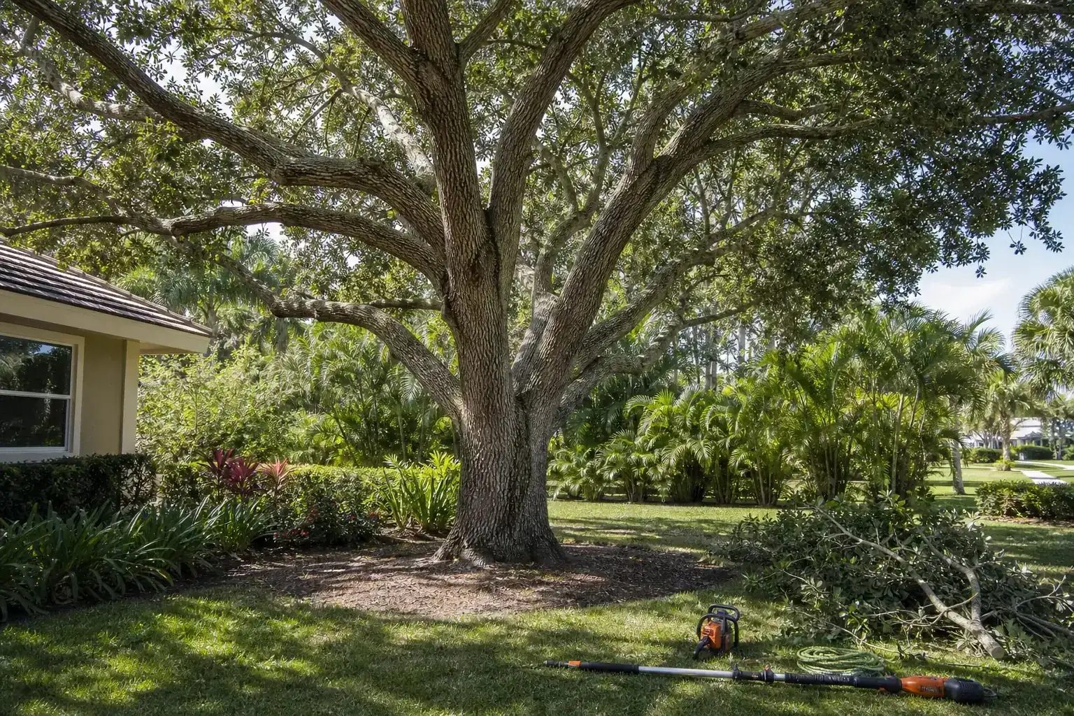 Mature Florida tree in a residential yard illustrating what crown reduction means