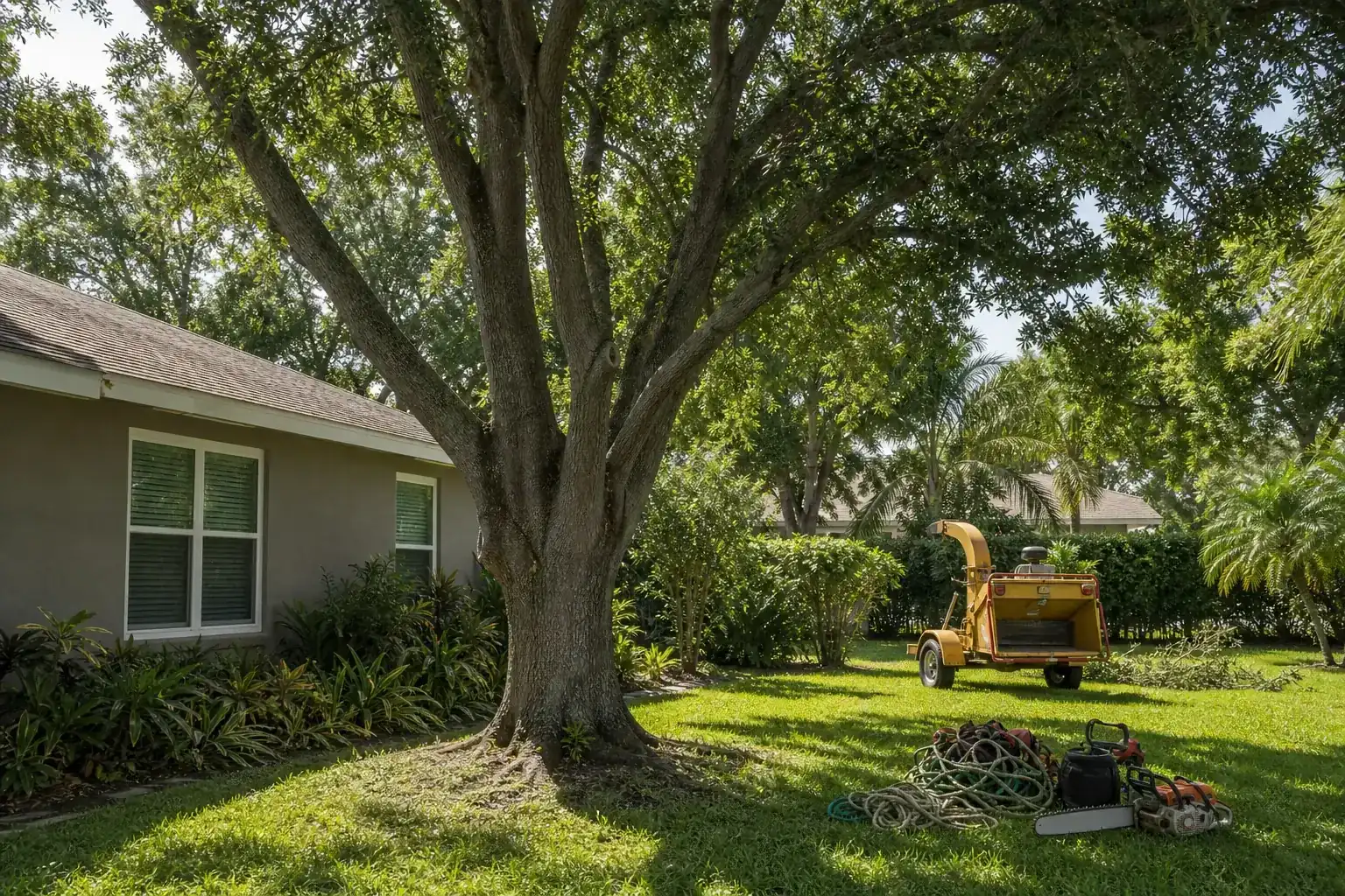 Mature Florida tree in a residential yard during a discussion of why topping is not a suitable shortcut