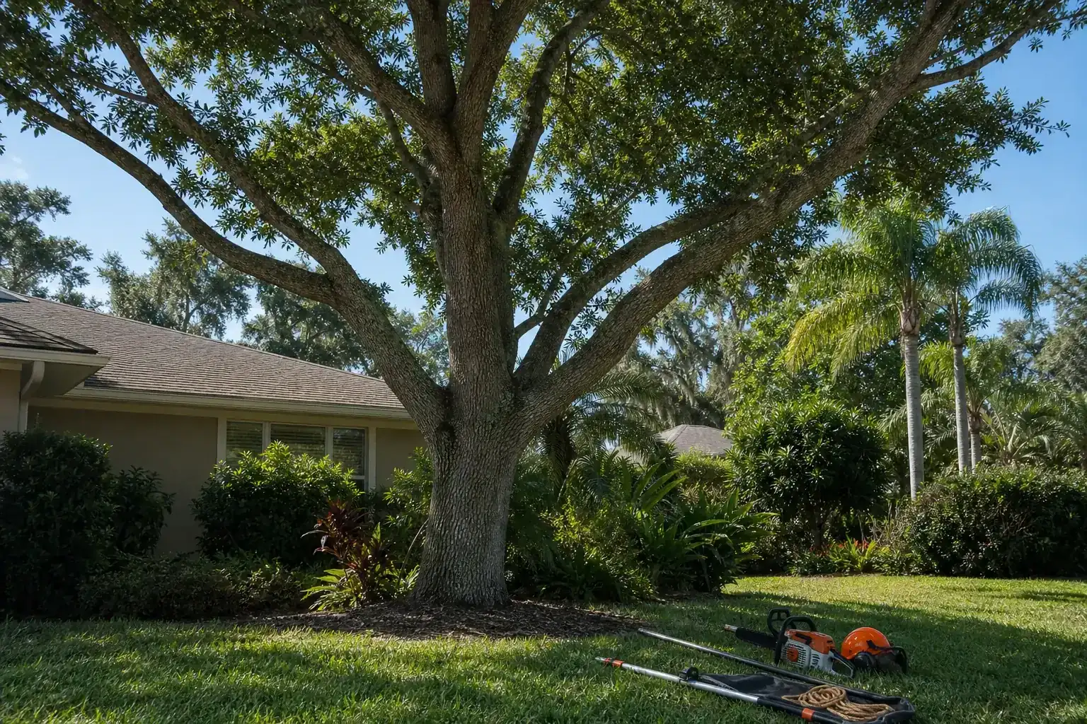 Mature Florida tree in a residential yard illustrating understanding crown reduction and its importance
