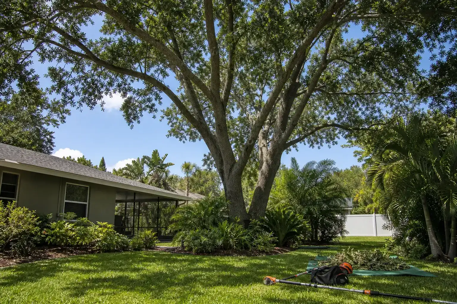 Mature Florida tree in a residential yard during a discussion of what is crown reduction?