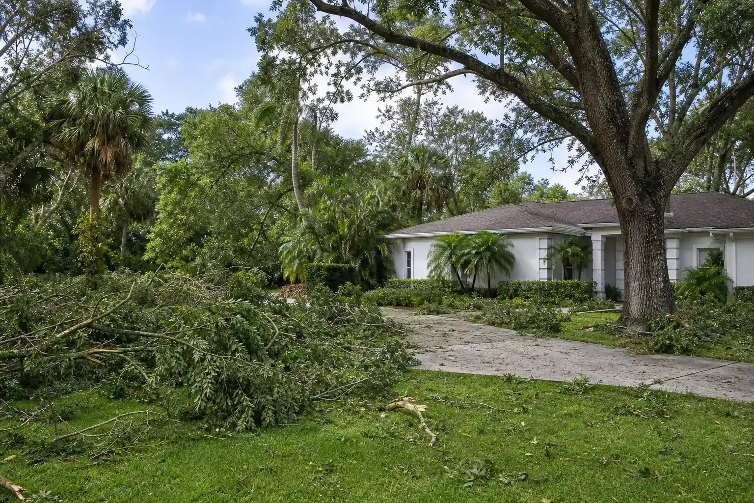 Storm-damaged branches beside a Florida home for emergency hurricane tree services in daytona beach, fl Storm-damaged branches beside a Florida home for emergency hurricane tree services in daytona beach, fl