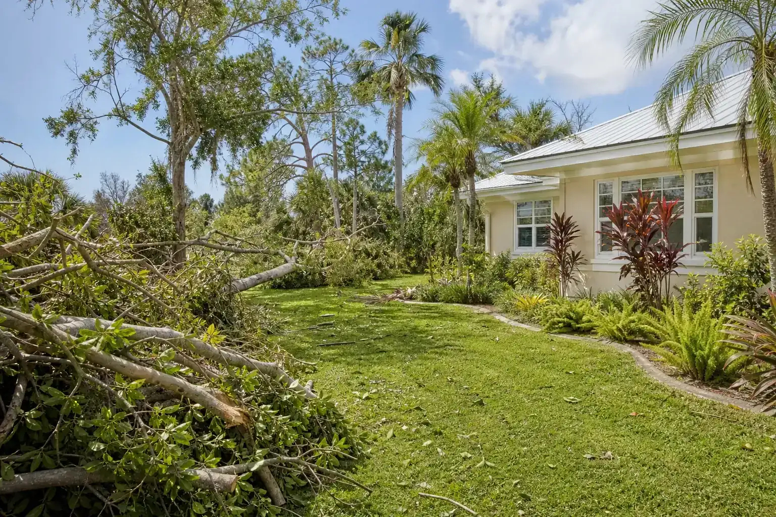 Storm-damaged branches beside a Florida home during a discussion of importance of prompt hurricane response Storm-damaged branches beside a Florida home during a discussion of importance of prompt hurricane response