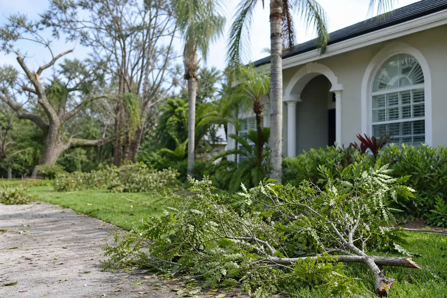 Storm-damaged branches beside a Florida home illustrating understanding emergency hurricane tree services daytona beach, fl Storm-damaged branches beside a Florida home illustrating understanding emergency hurricane tree services daytona beach, fl