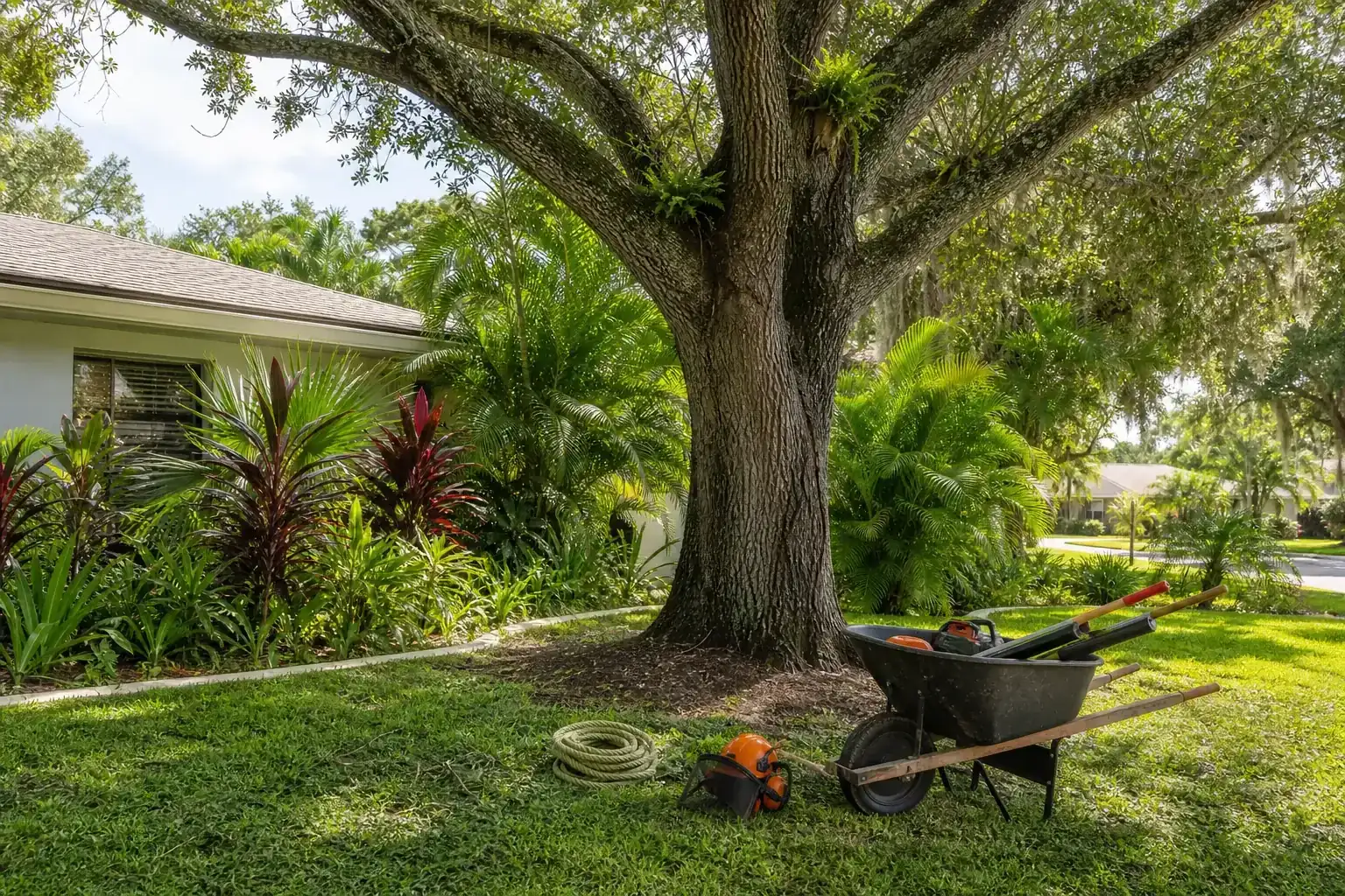 Mature Florida tree in a residential yard illustrating understanding the need for emergency residential tree removal