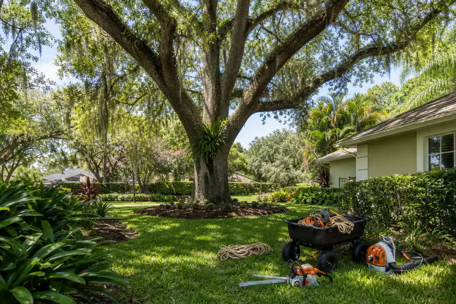 Mature Florida tree in a residential yard during a discussion of common tree emergencies in central fl Mature Florida tree in a residential yard during a discussion of common tree emergencies in central fl