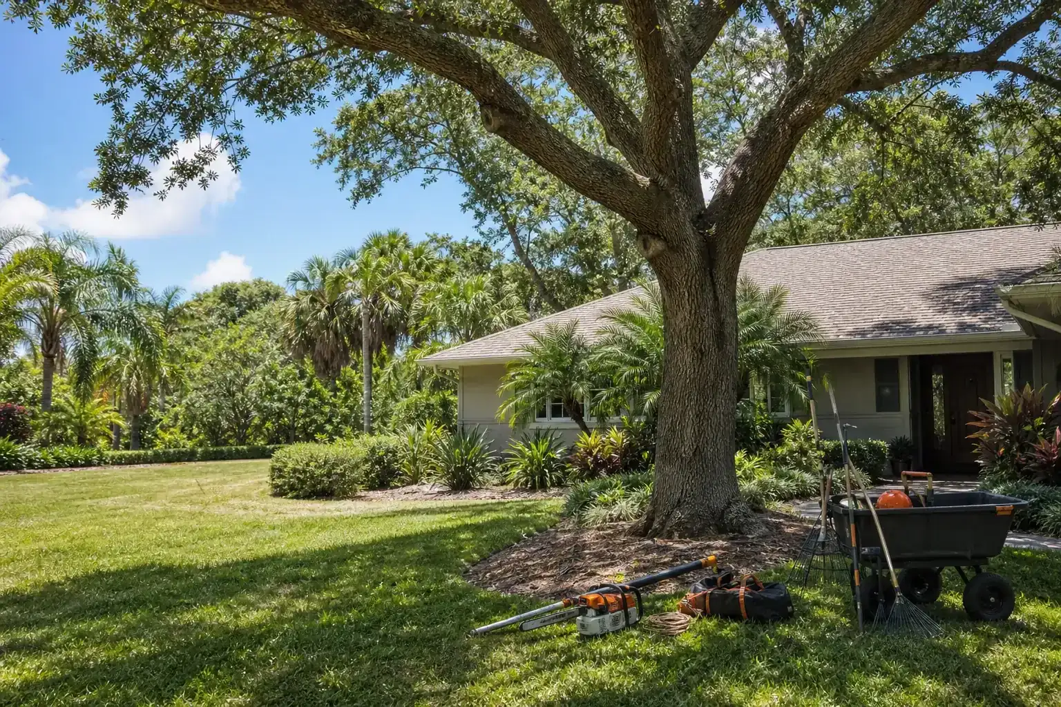 Mature Florida tree in a residential yard for emergency tree help in central fl Mature Florida tree in a residential yard for emergency tree help in central fl