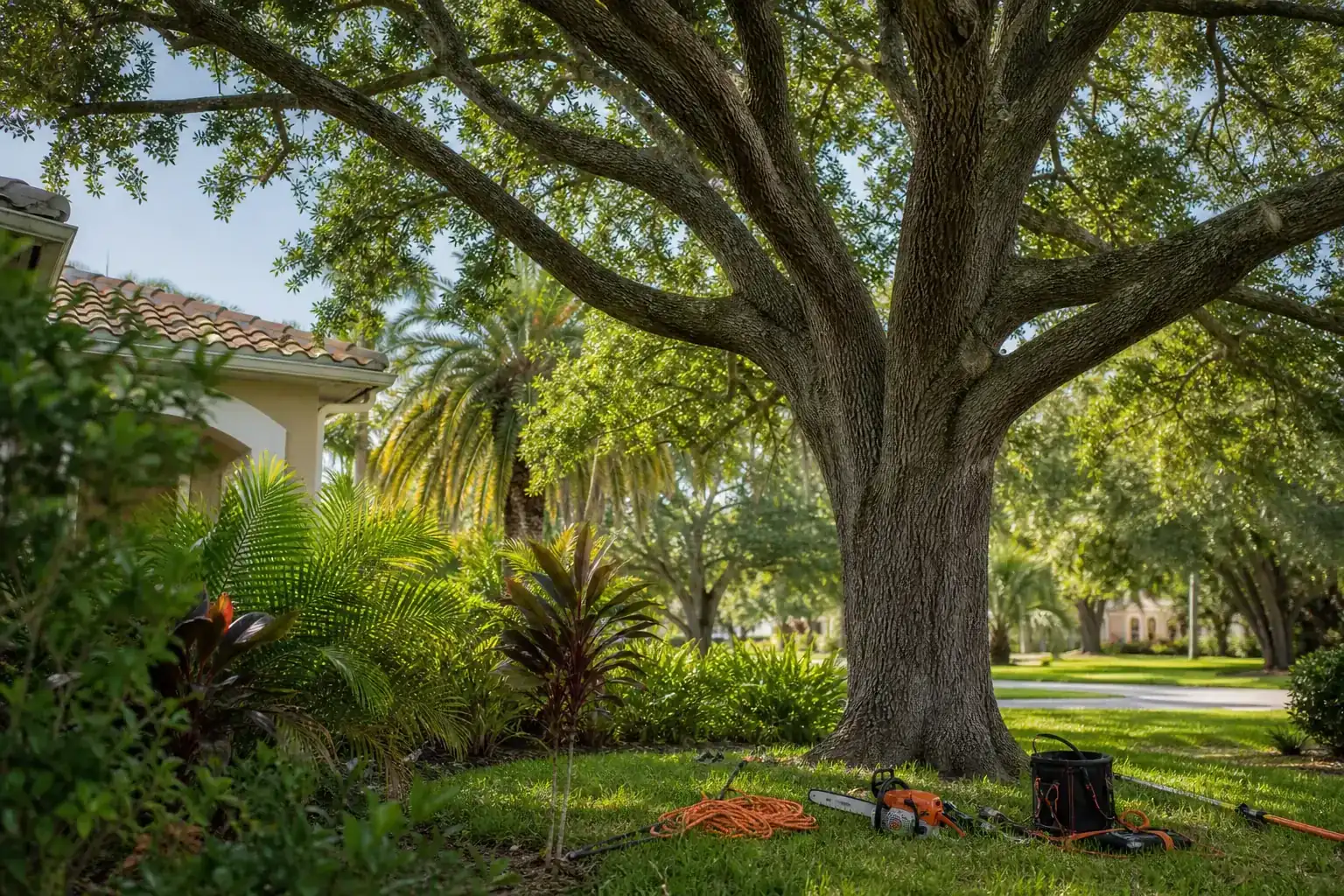 Mature Florida tree in a residential yard illustrating understanding emergency tree services Mature Florida tree in a residential yard illustrating understanding emergency tree services