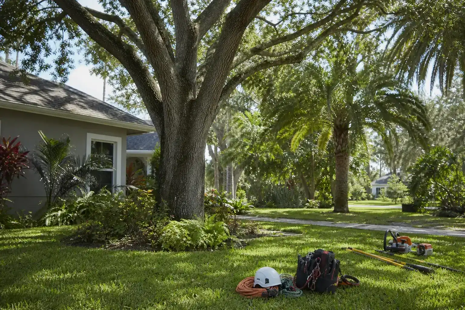 Mature Florida tree in a residential yard during a discussion of take these steps after a tree hits your home