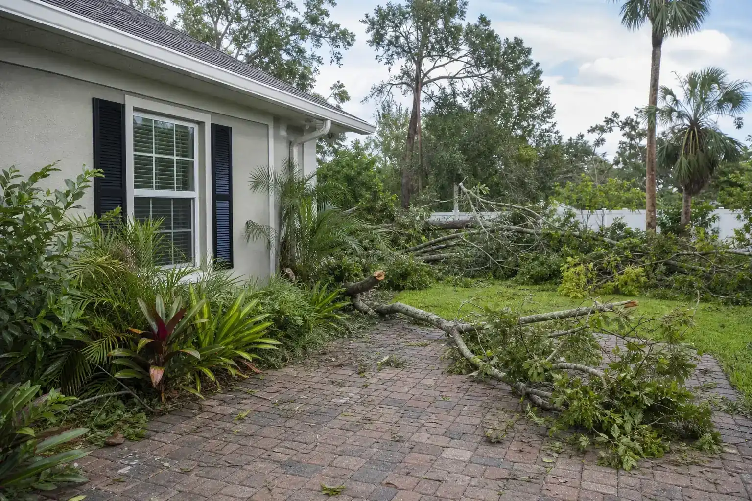Storm-damaged branches beside a Florida home illustrating understanding the urgency of emergency tree removal after storms Storm-damaged branches beside a Florida home illustrating understanding the urgency of emergency tree removal after storms