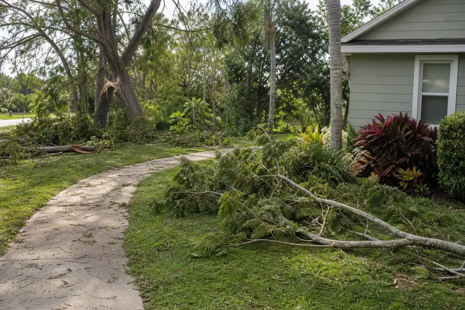 Storm-damaged branches beside a Florida home during a discussion of why prompt tree removal matters after a storm Storm-damaged branches beside a Florida home during a discussion of why prompt tree removal matters after a storm