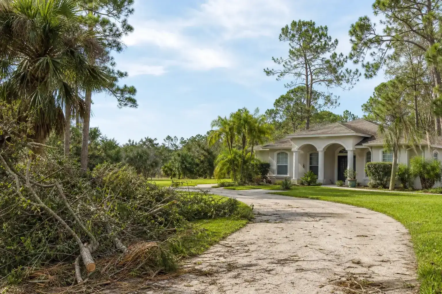 Storm-damaged branches beside a Florida home for emergency tree removal after a windstorm in palm coast Storm-damaged branches beside a Florida home for emergency tree removal after a windstorm in palm coast