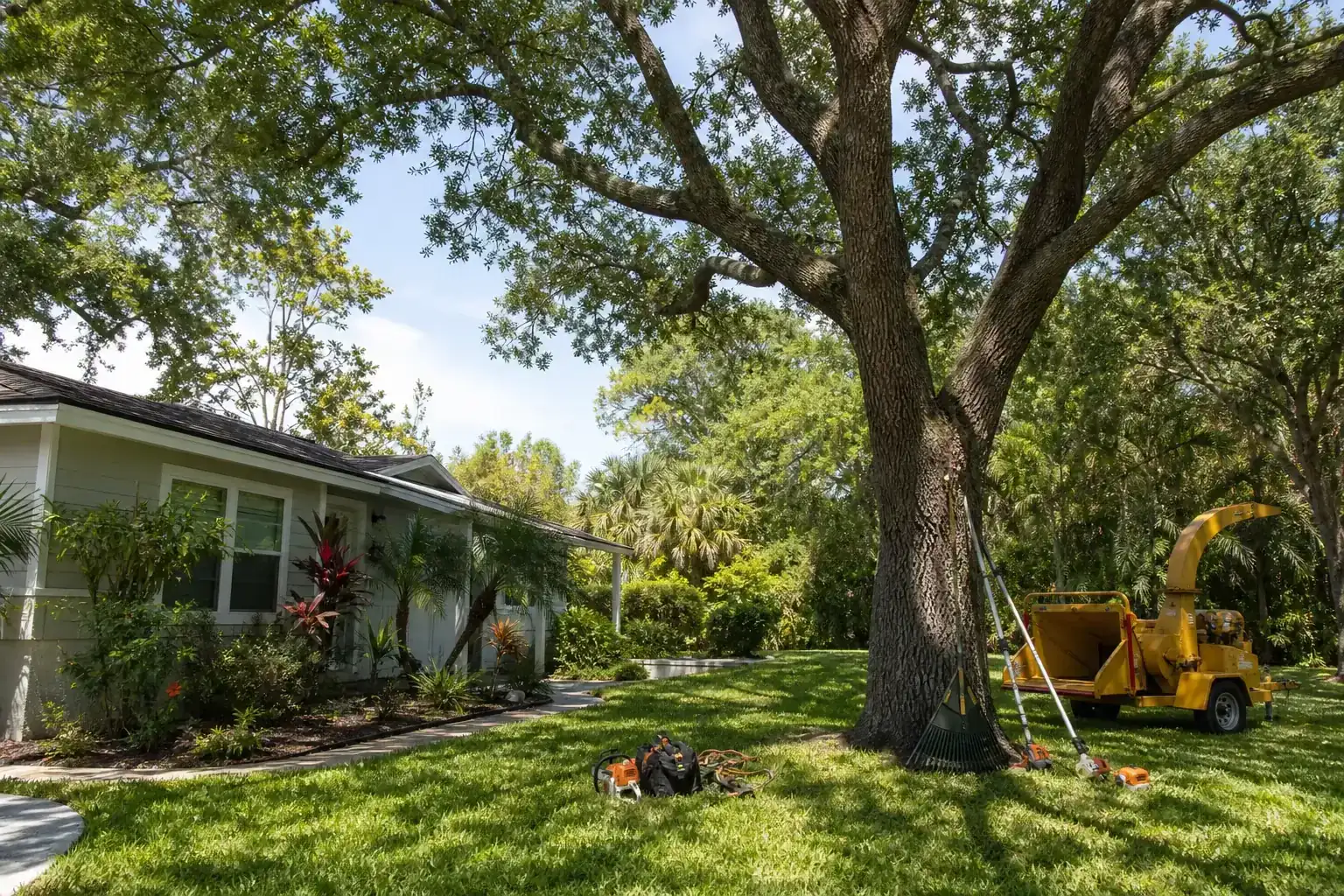 Mature Florida tree in a residential yard during a discussion of why quick action is essential for tree removal