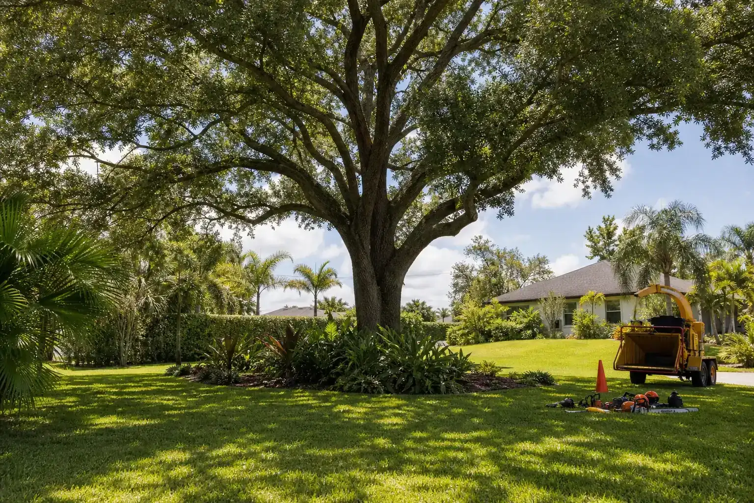 Mature Florida tree in a residential yard for emergency tree services in central fl Mature Florida tree in a residential yard for emergency tree services in central fl