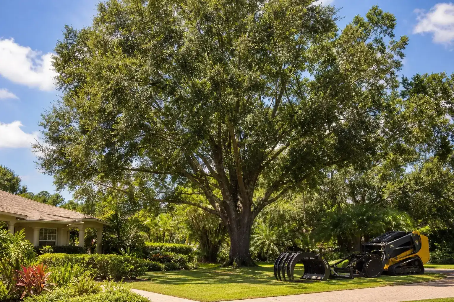 Mature Florida tree in a residential yard for grapple truck services in deland fl
