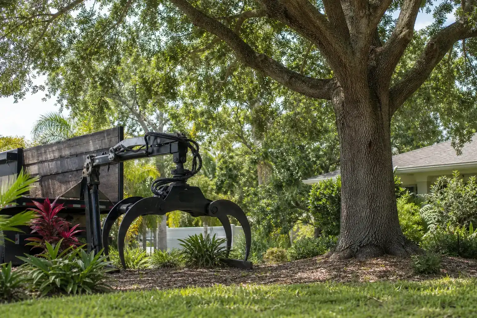 Mature Florida tree in a residential yard illustrating introduction to grapple truck services