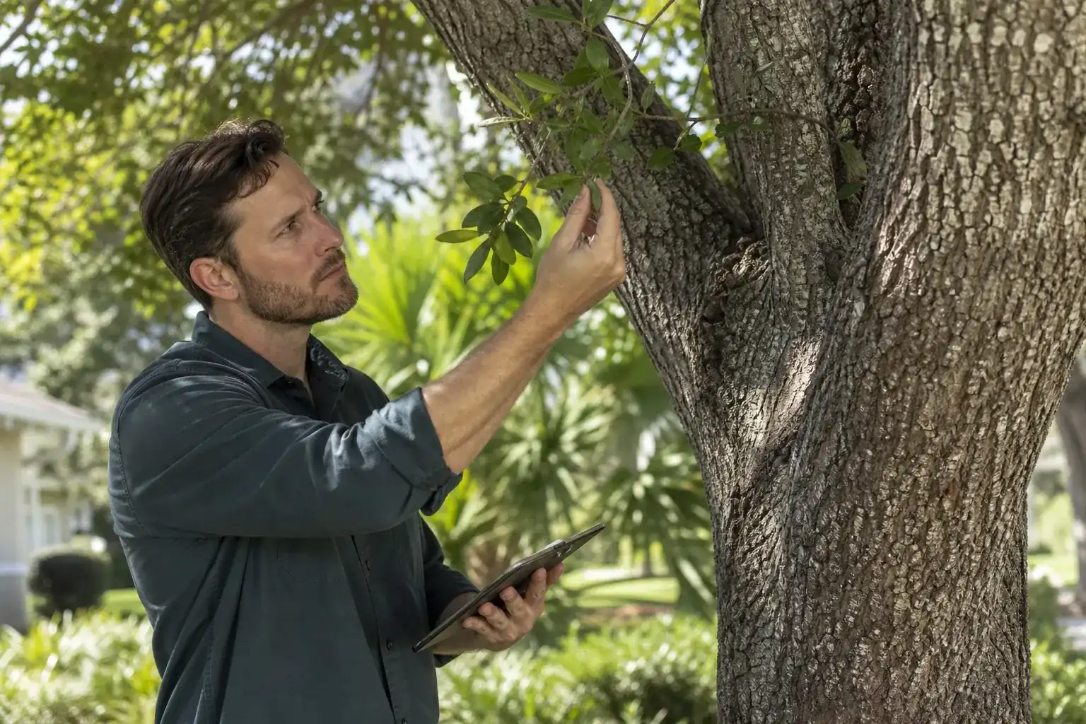 Tree care professional inspecting a mature shade tree illustrating benefits of hiring professional arborists in daytona beach, fl