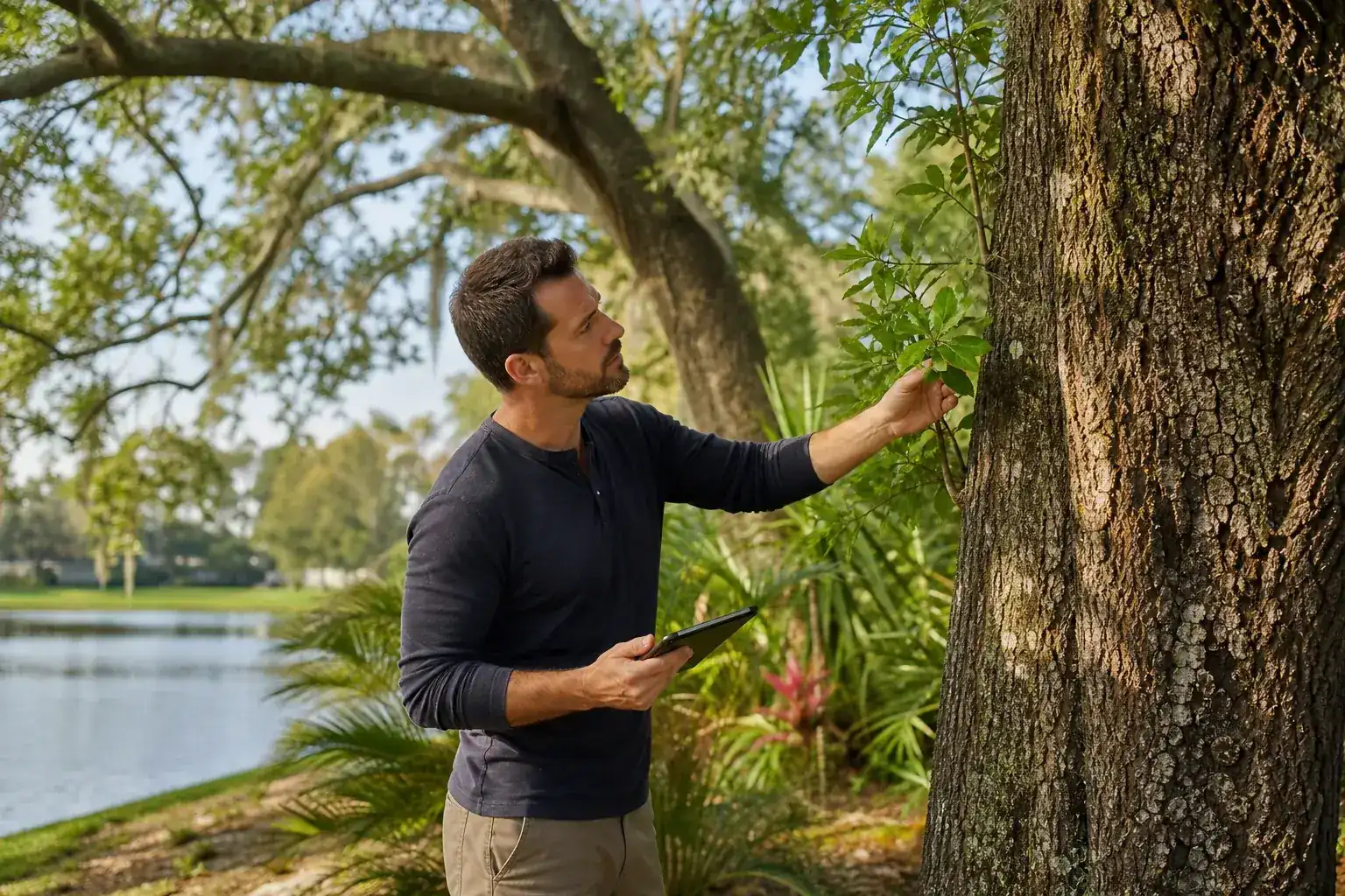 Tree care professional inspecting a mature shade tree for hire arborists in daytona beach, fl today