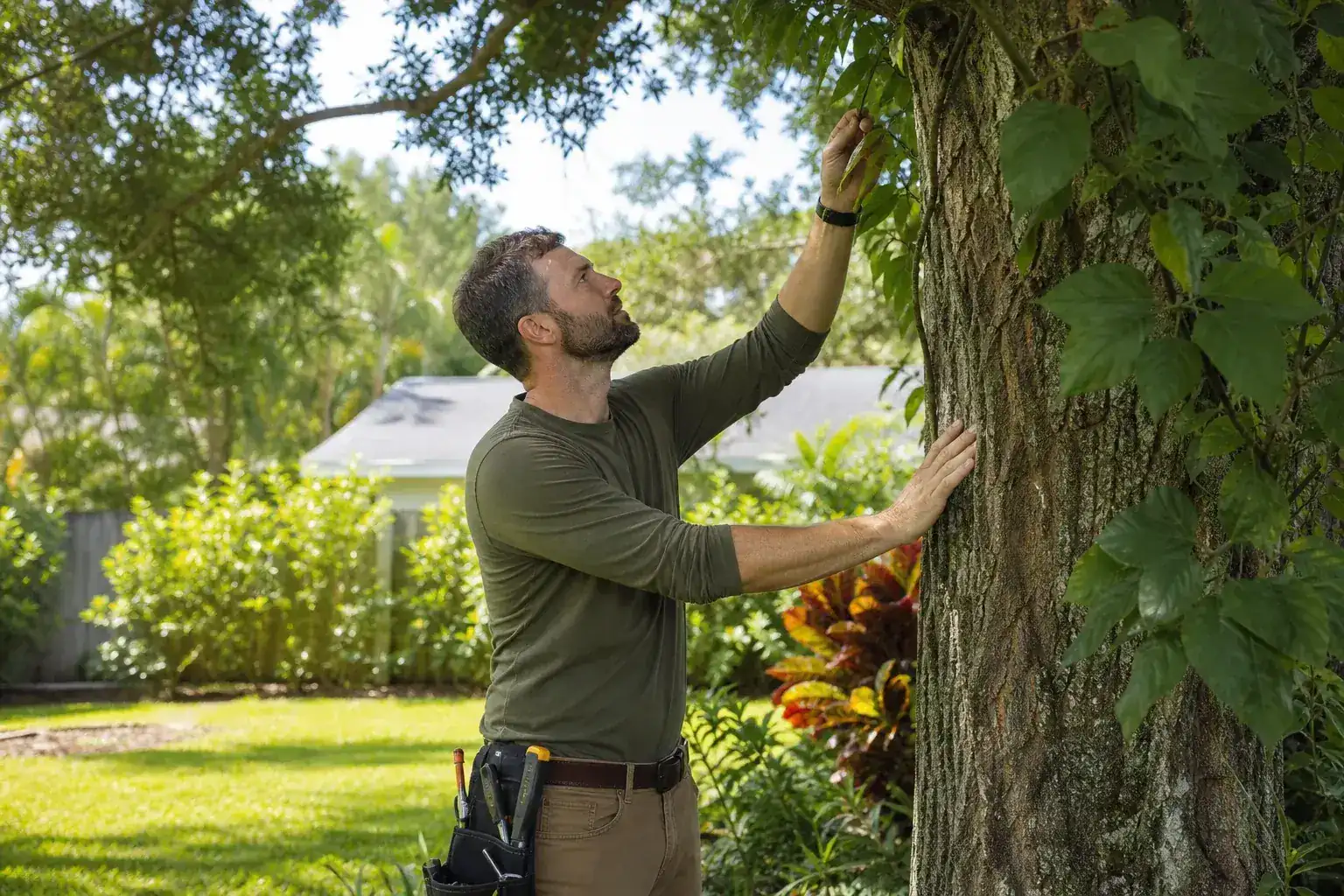 Tree care professional inspecting a mature shade tree during a discussion of key services offered by arborists in daytona beach, fl