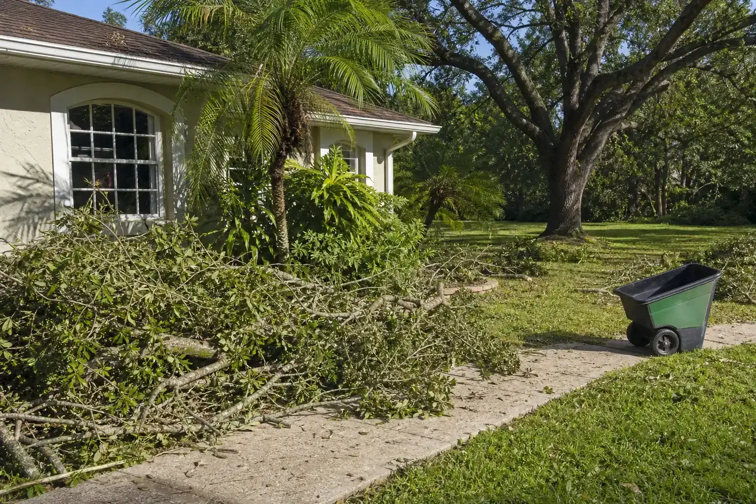 Storm-damaged branches beside a Florida home illustrating comprehensive hurricane cleanup services