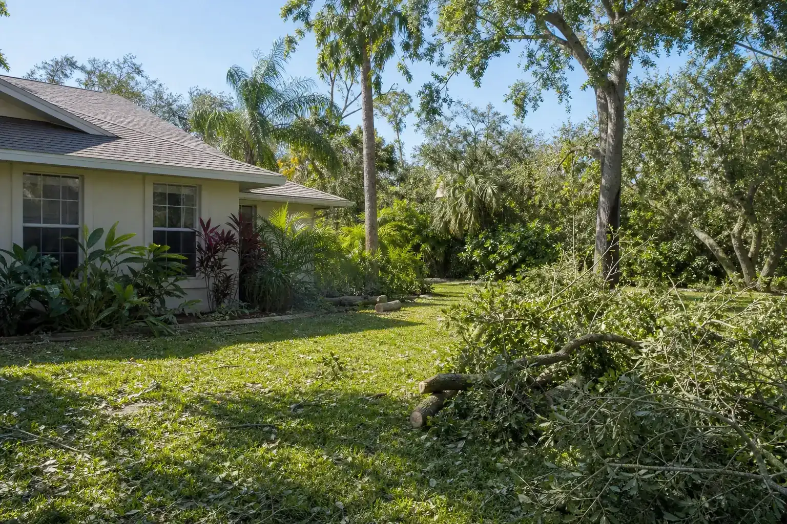 Storm-damaged branches beside a Florida home during a discussion of expert teams ready to restore daytona beach