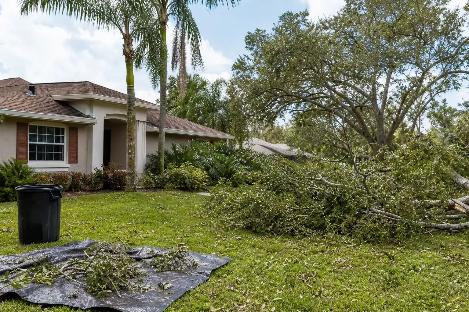 Storm-damaged branches beside a Florida home during a discussion of safety precautions for tree removal