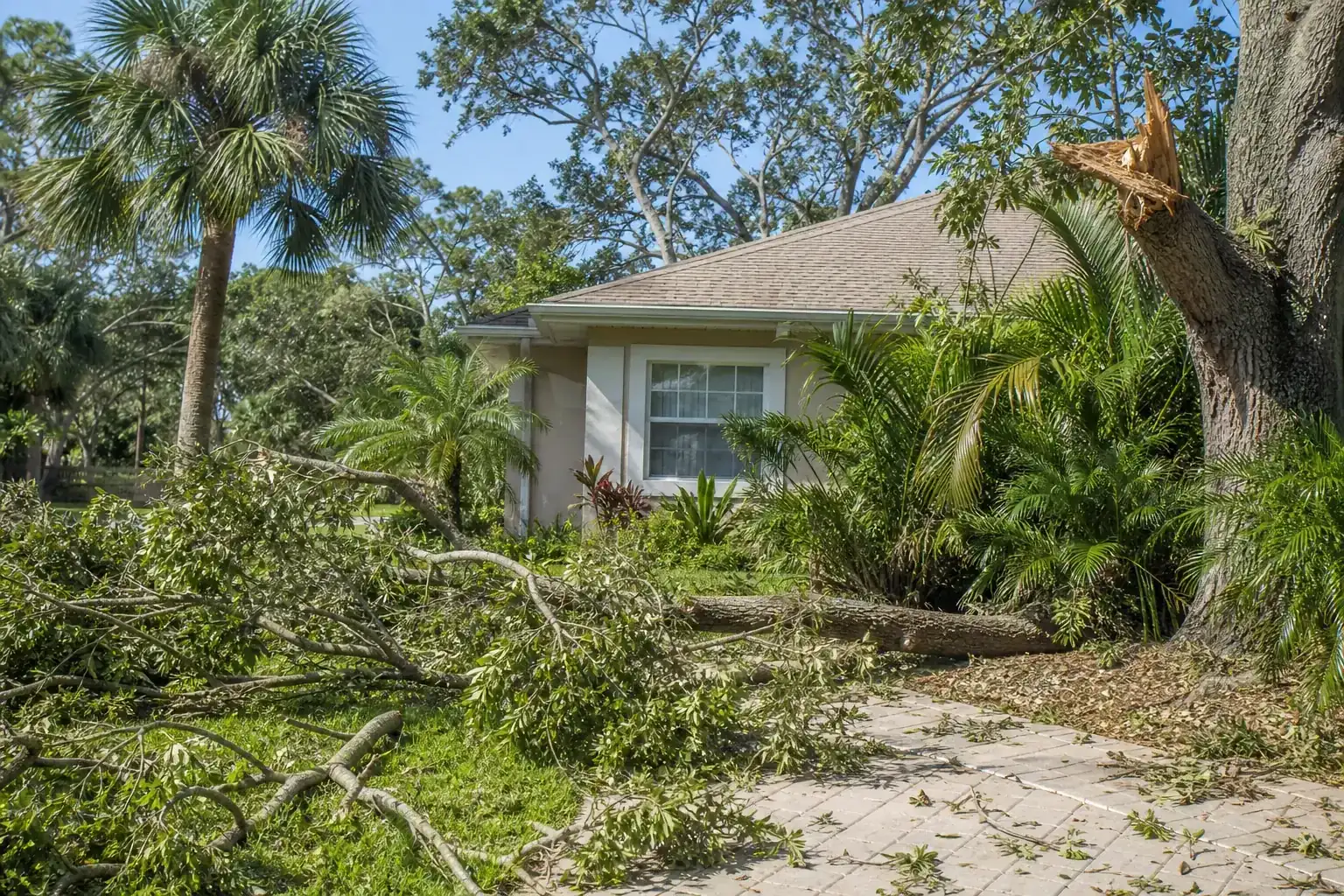 Storm-damaged branches beside a Florida home illustrating understanding tree damage from hurricanes