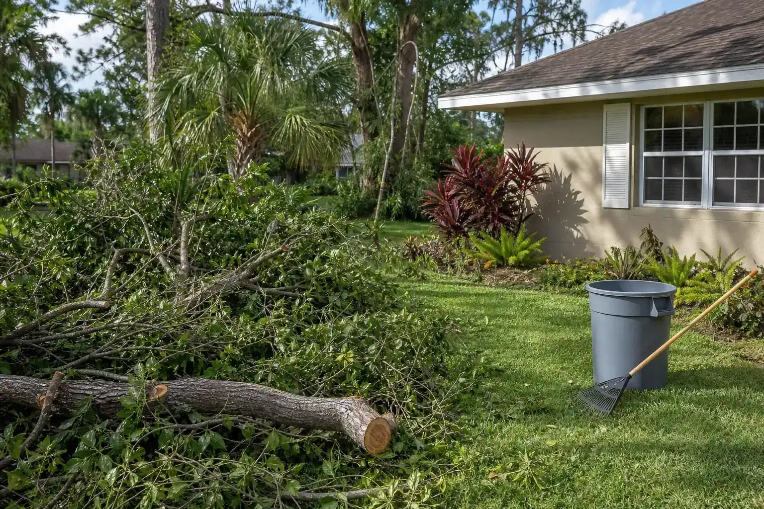 Storm-damaged branches beside a Florida home illustrating overview of hurricane tree debris cleanup in daytona beach, fl Storm-damaged branches beside a Florida home illustrating overview of hurricane tree debris cleanup in daytona beach, fl