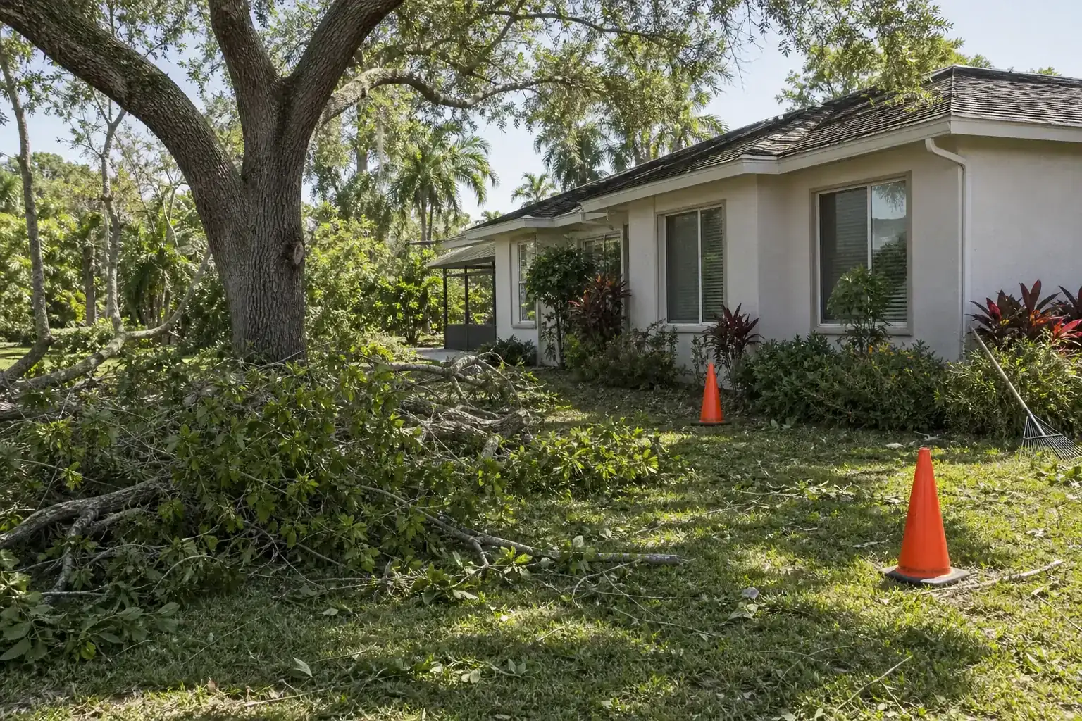 Storm-damaged branches beside a Florida home during a discussion of safety guidelines for debris cleanup efforts Storm-damaged branches beside a Florida home during a discussion of safety guidelines for debris cleanup efforts