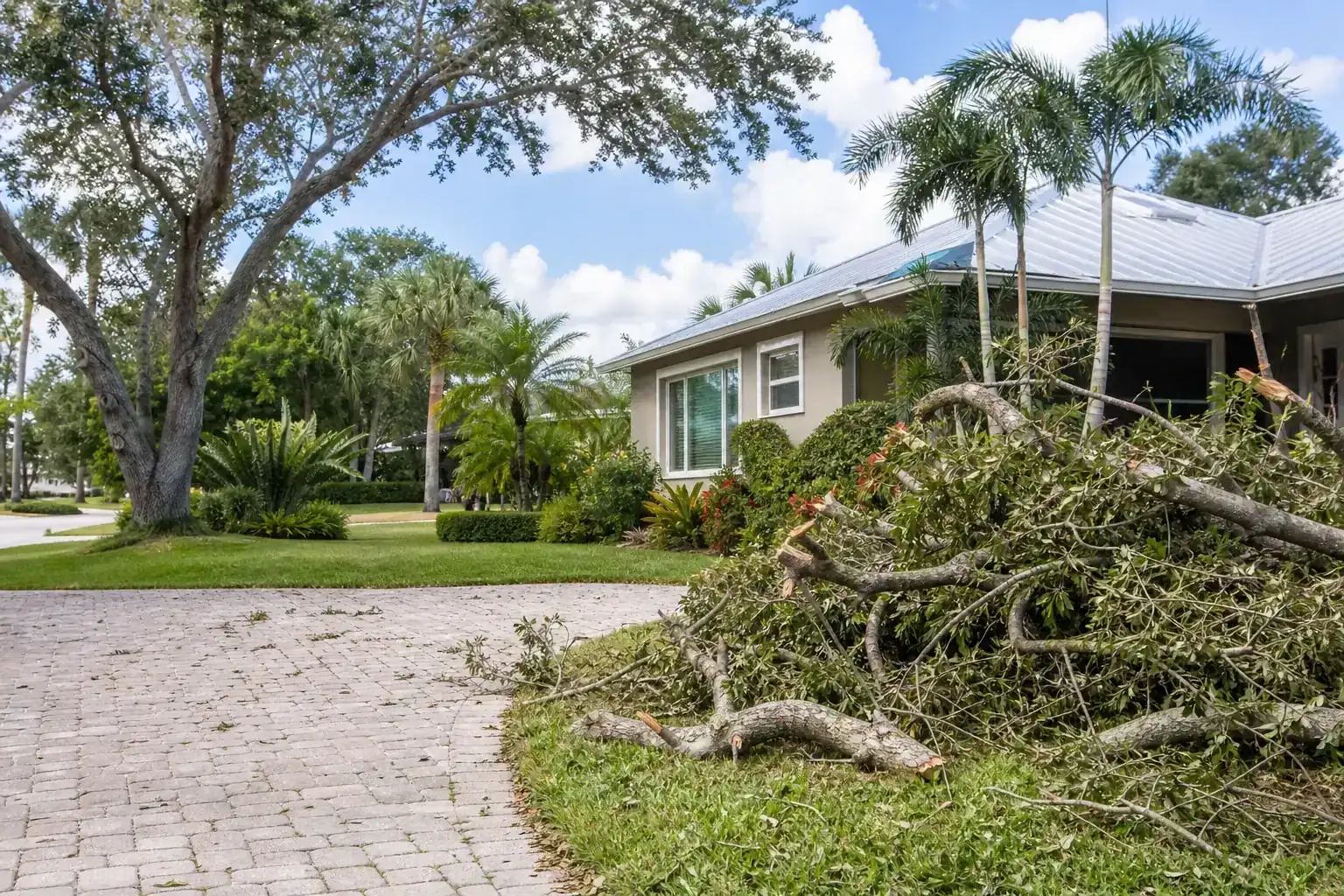Storm-damaged branches beside a Florida home for hurricane tree inspection services in central fl