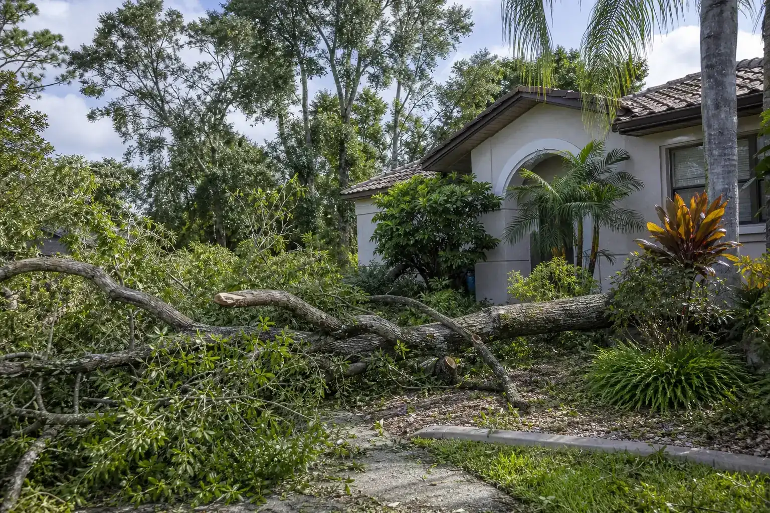 Storm-damaged branches beside a Florida home illustrating understanding hurricane tree inspection services in central fl