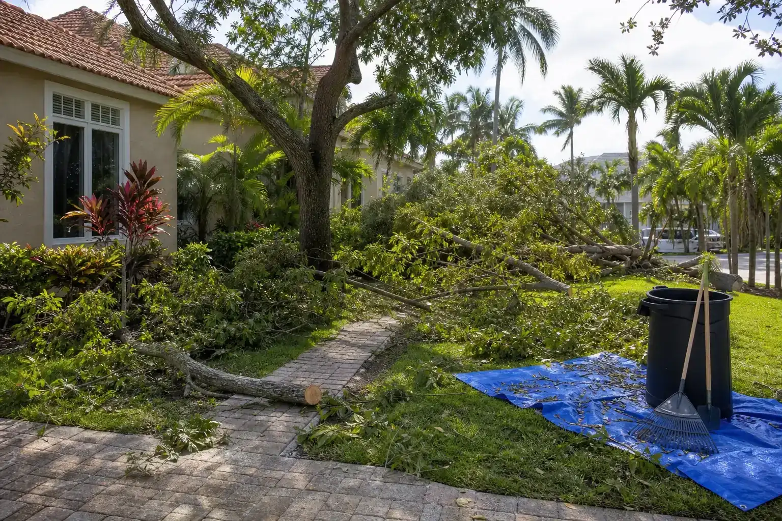 Storm-damaged branches beside a Florida home during a discussion of document damage before cleanup begins