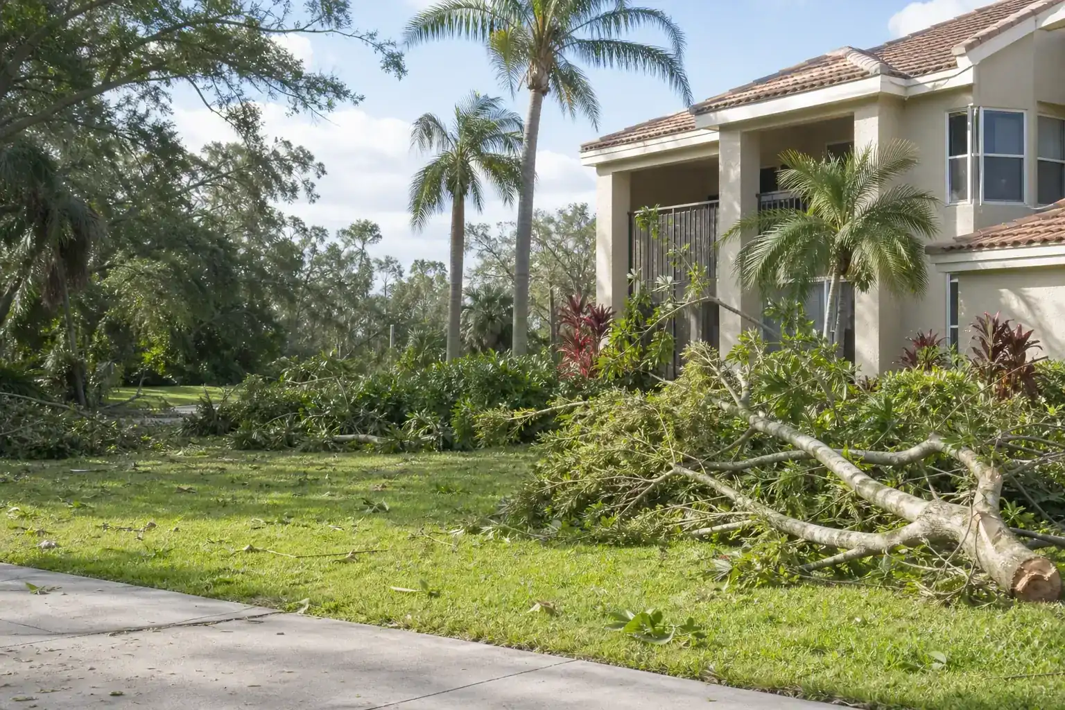 Storm-damaged branches beside a Florida home for hurricane tree removal guidance for palm coast condos
