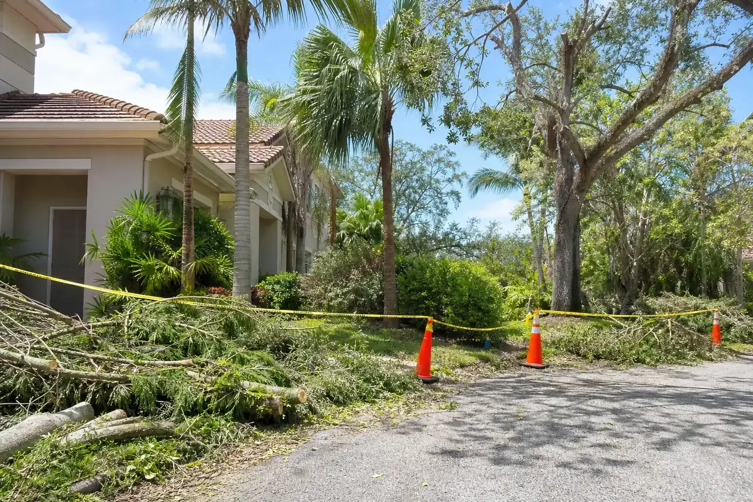 Storm-damaged branches beside a Florida home illustrating start with safety and site control