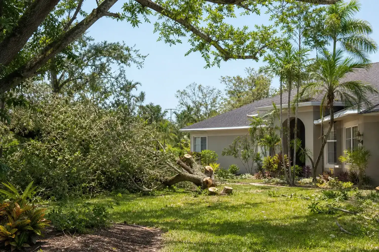Storm-damaged branches beside a Florida home during a discussion of the importance of prompt tree removal services Storm-damaged branches beside a Florida home during a discussion of the importance of prompt tree removal services