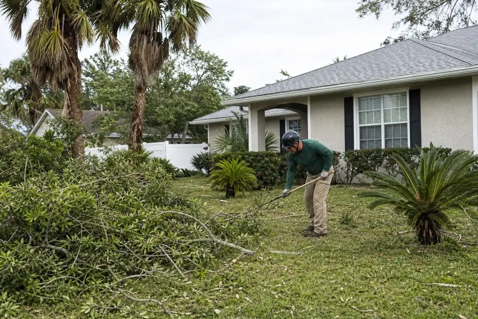 Storm-damaged branches beside a Florida home illustrating understanding hurricane tree risks in daytona Storm-damaged branches beside a Florida home illustrating understanding hurricane tree risks in daytona