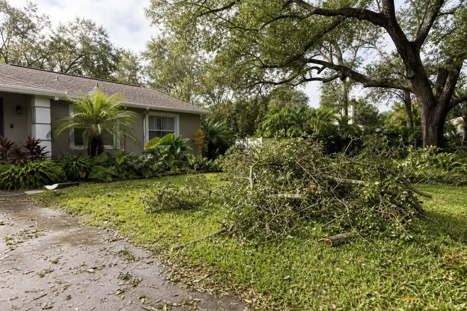 Storm-damaged branches beside a Florida home during a discussion of essential tree trimming techniques for safety