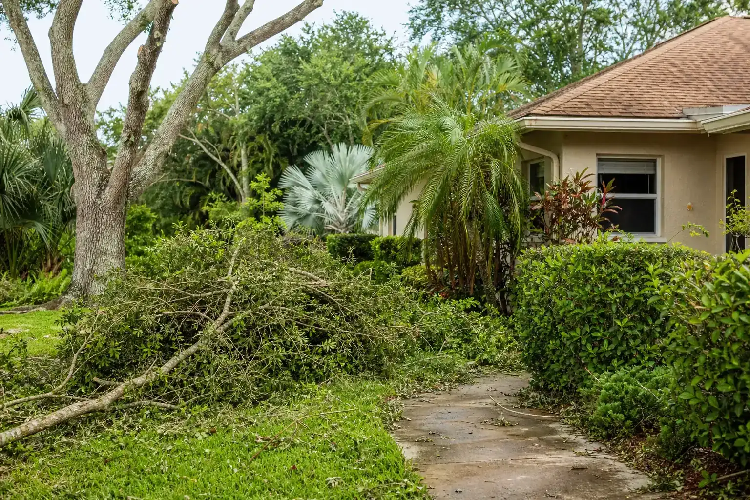Storm-damaged branches beside a Florida home illustrating understanding hurricane tree trimming in central florida