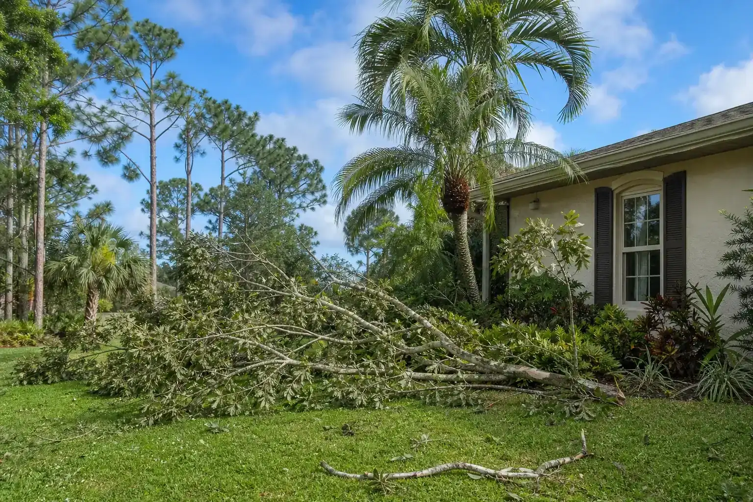 Storm-damaged branches beside a Florida home for how early should palm coast homeowners trim trees before hurricane season?