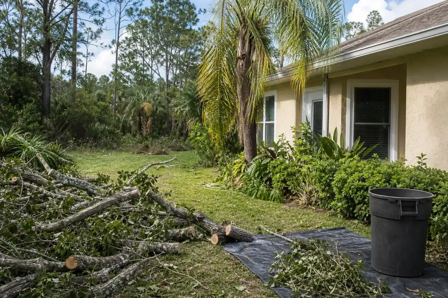 Storm-damaged branches beside a Florida home illustrating start planning well before hurricane weather threatens