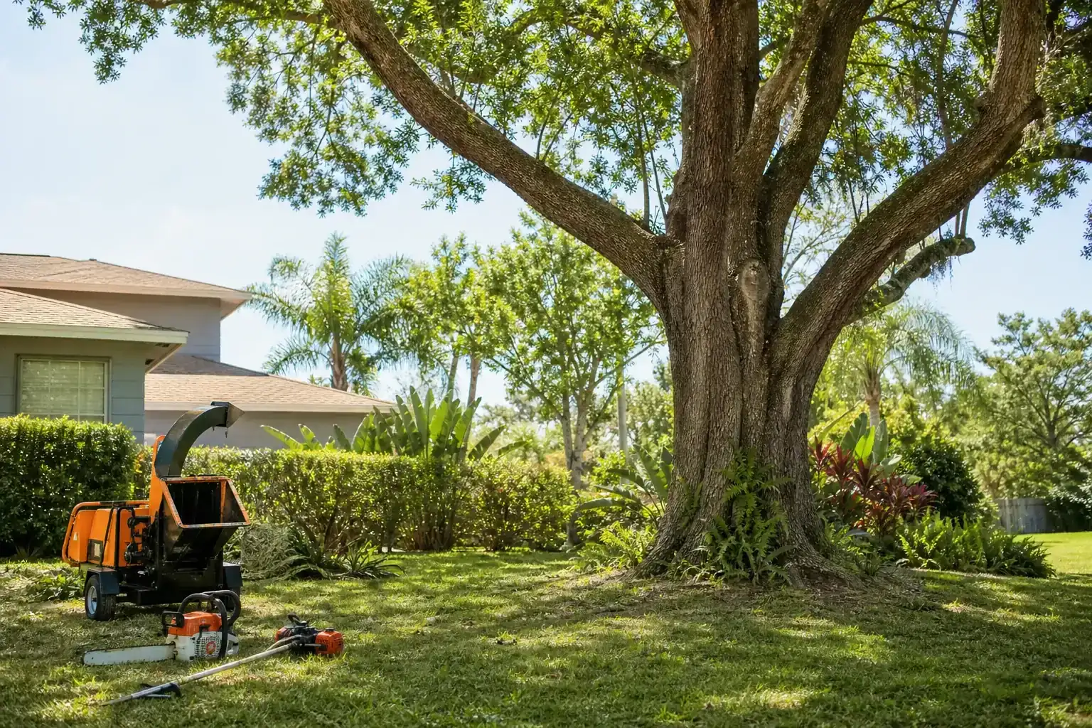 Mature Florida tree in a residential yard illustrating why land clearing matters for commercial projects