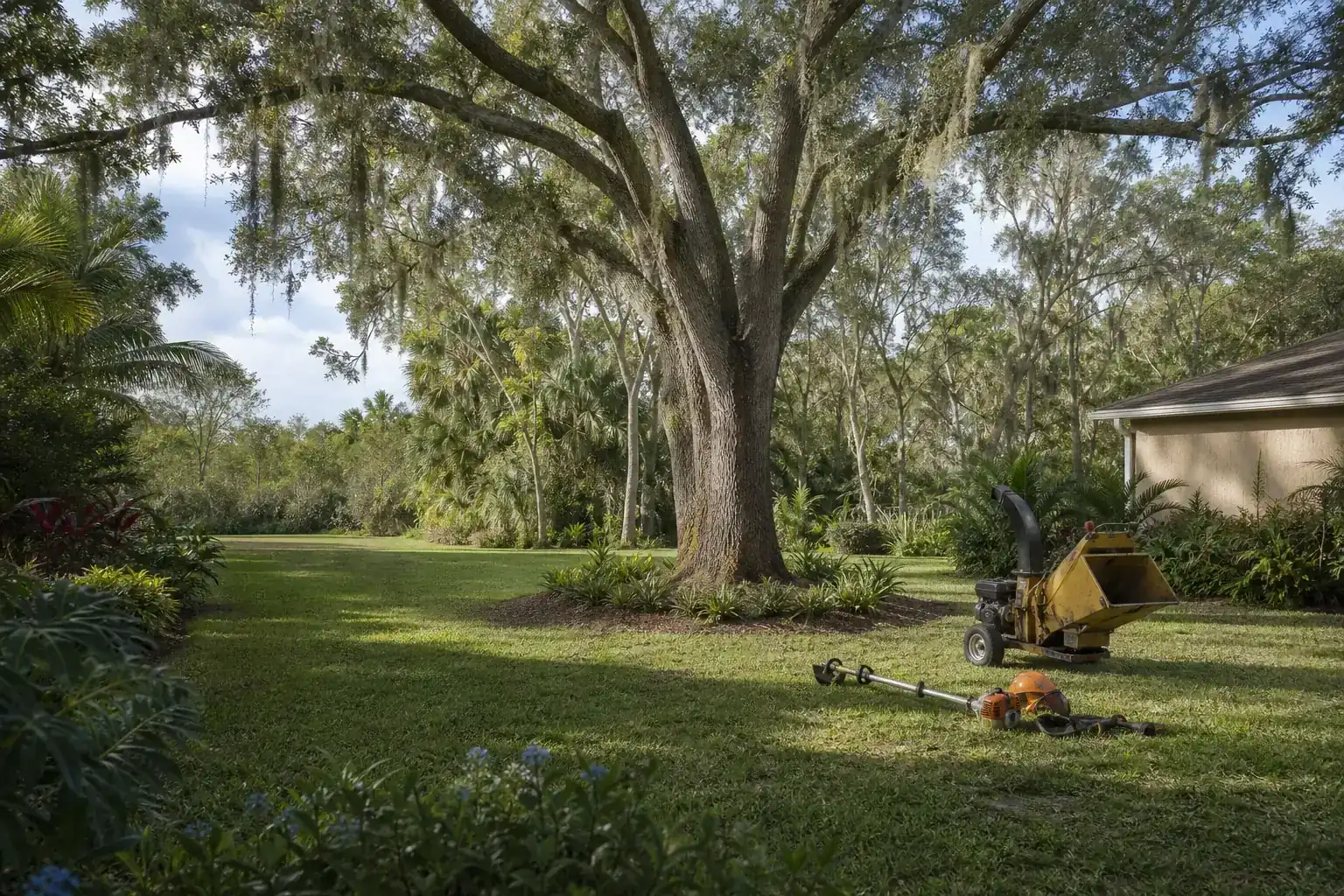 Mature Florida tree in a residential yard for planning land clearing for a detached garage