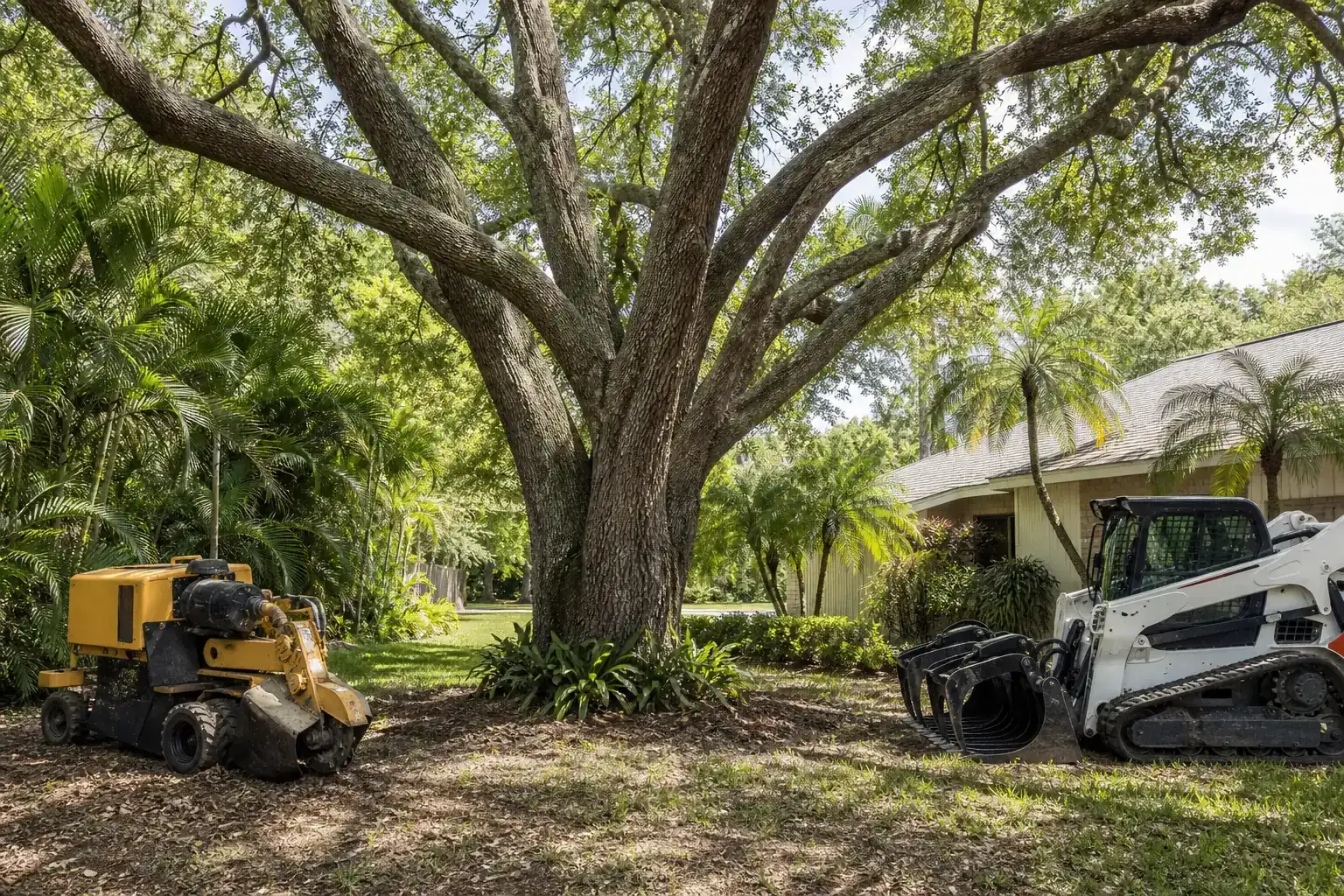 Mature Florida tree in a residential yard illustrating preparing your edgewater property for construction Mature Florida tree in a residential yard illustrating preparing your edgewater property for construction