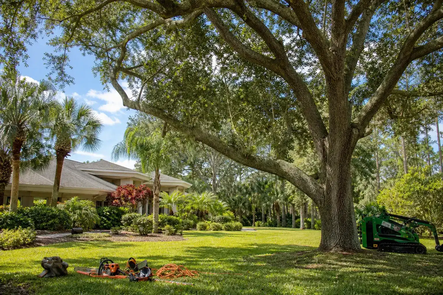 Mature Florida tree in a residential yard during a discussion of evaluating tree health and risks Mature Florida tree in a residential yard during a discussion of evaluating tree health and risks