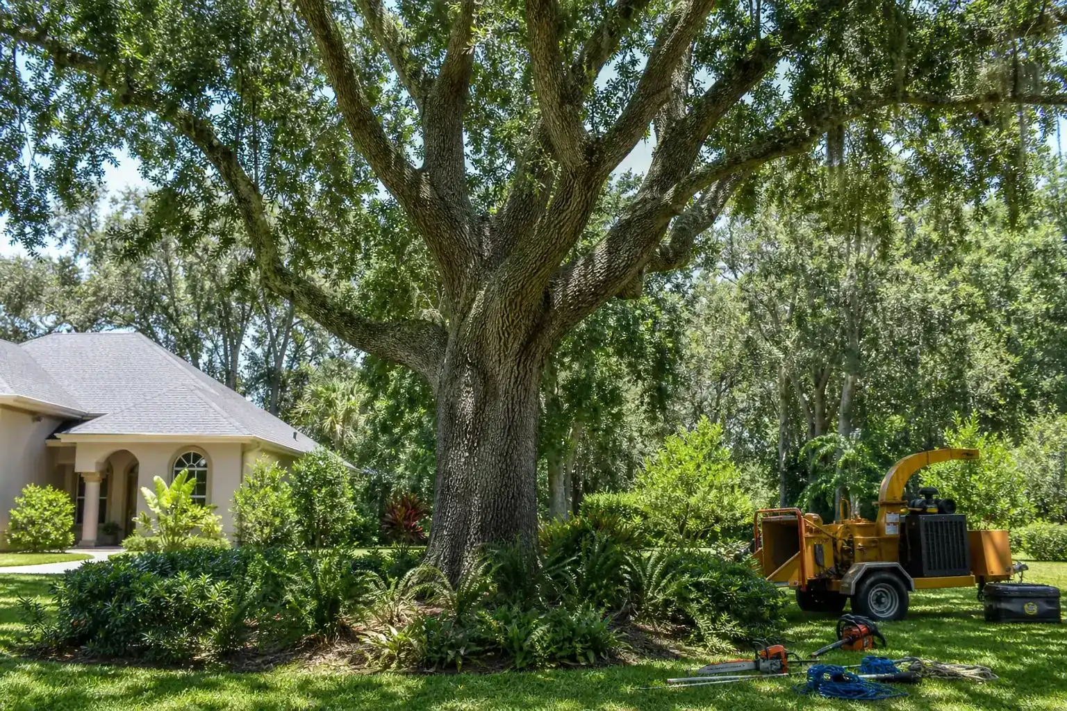 Mature Florida tree in a residential yard illustrating understanding large tree removal needs Mature Florida tree in a residential yard illustrating understanding large tree removal needs