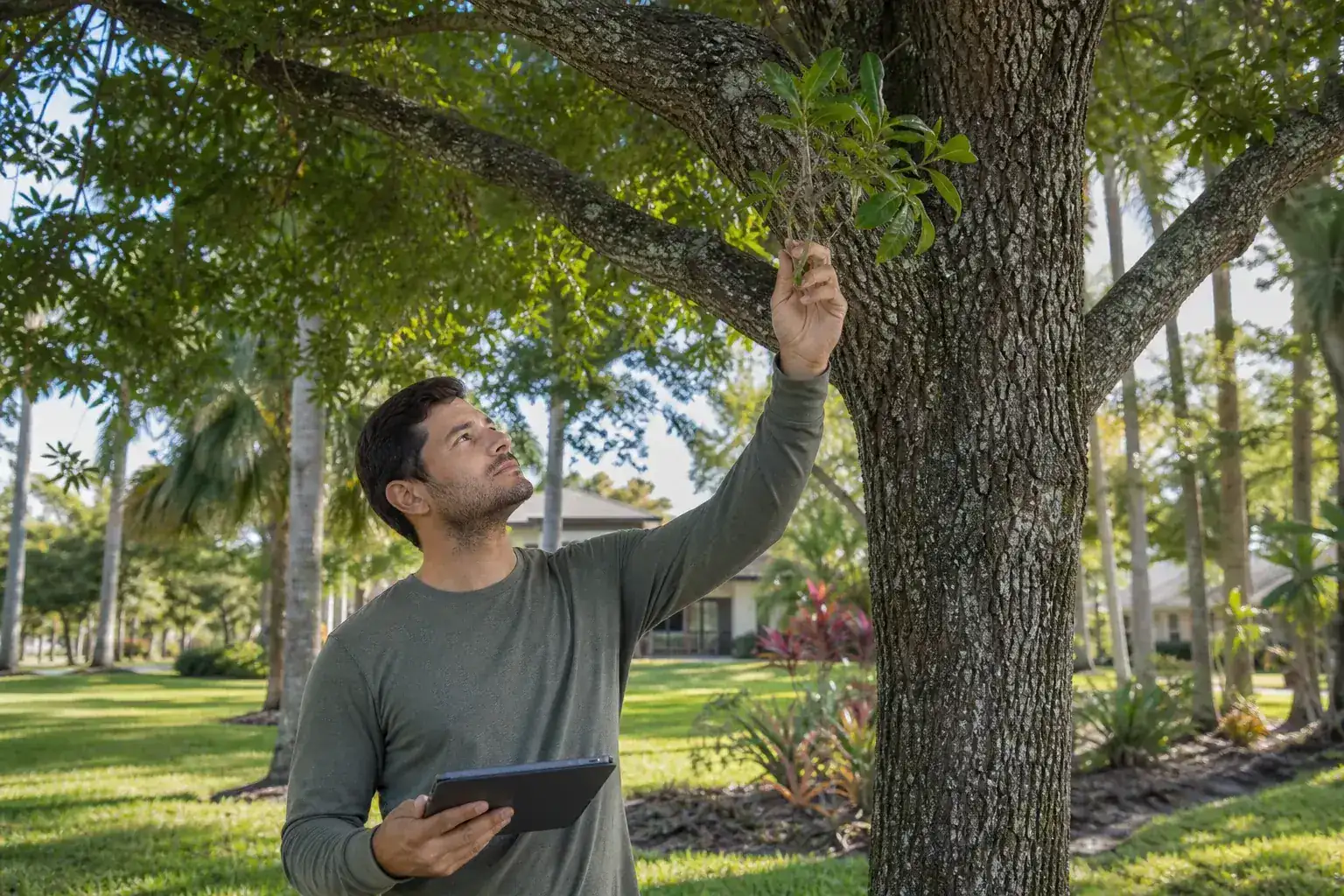 Tree care professional inspecting a mature shade tree during a discussion of certified arborists and skilled tree professionals Tree care professional inspecting a mature shade tree during a discussion of certified arborists and skilled tree professionals