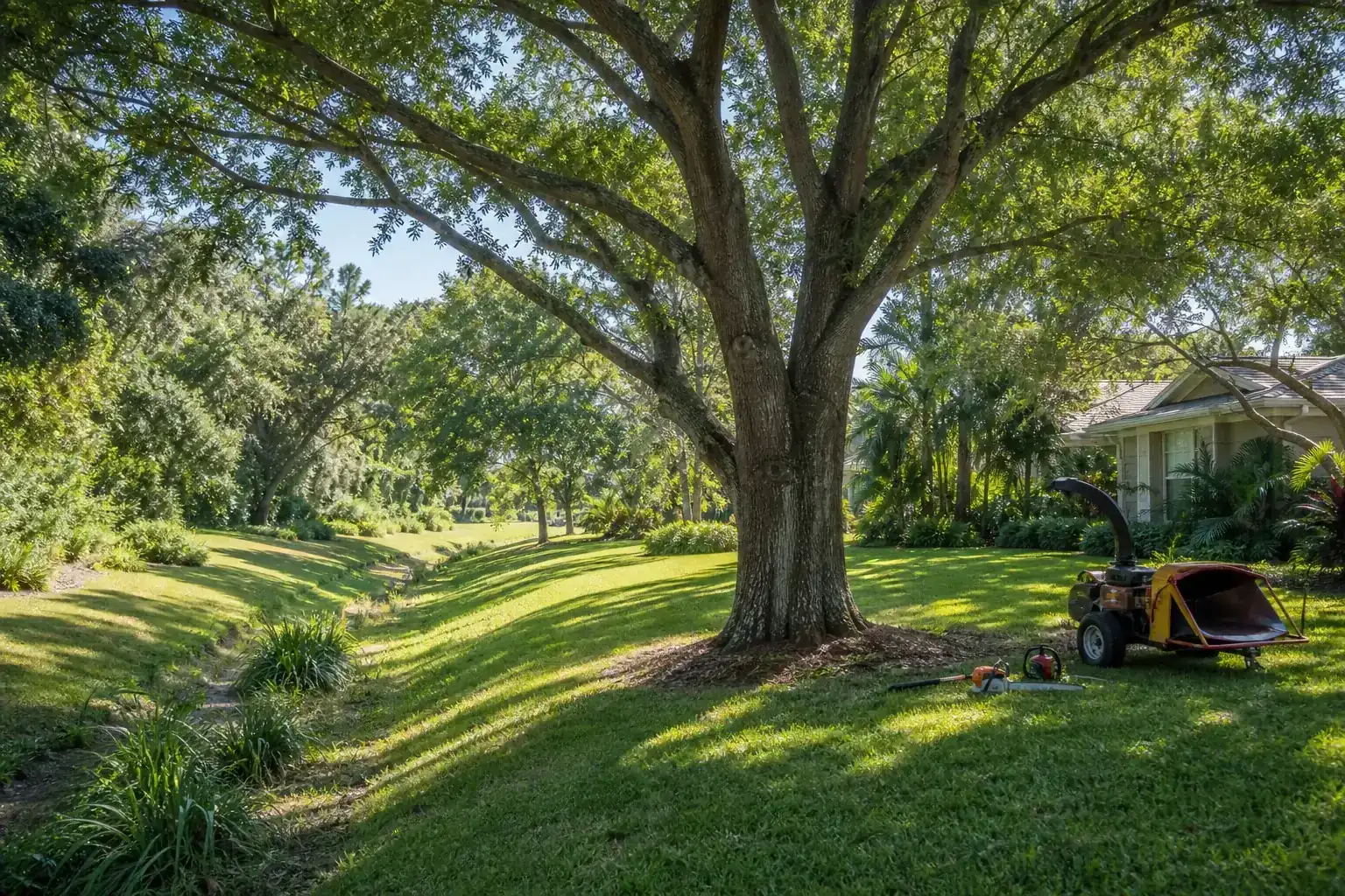 Mature Florida tree in a residential yard for how lot clearing supports a functional drainage swale