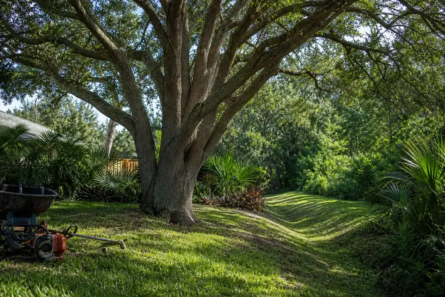 Mature Florida tree in a residential yard illustrating understand the purpose of the drainage swale