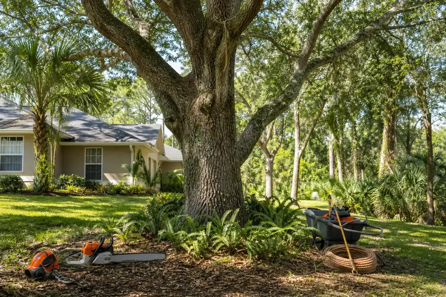 Mature Florida tree in a residential yard illustrating why clear access matters on wooded florida lots Mature Florida tree in a residential yard illustrating why clear access matters on wooded florida lots