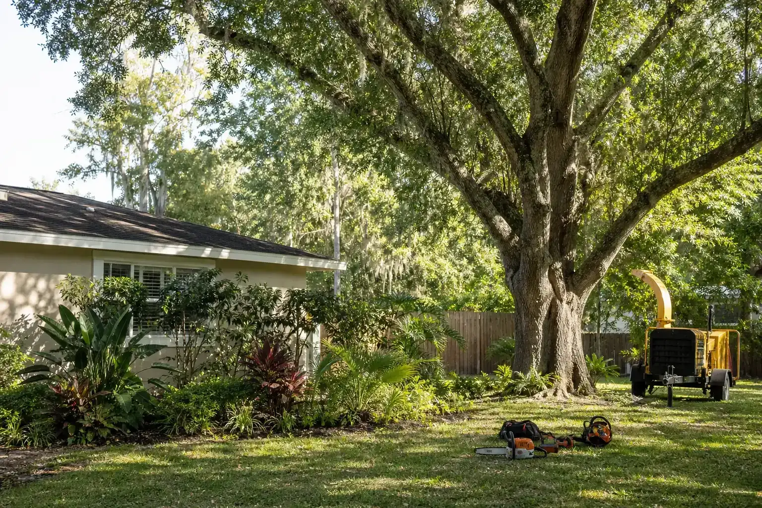 Mature Florida tree in a residential yard during a discussion of assessing your tree removal needs for spring
